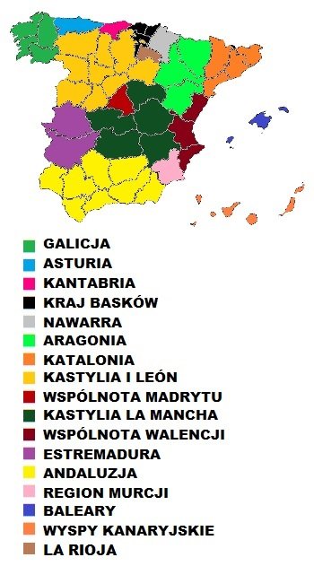 Zwiedzanie Hiszpanii - mapa podziału na regiony (wspólnoty) autonomiczne